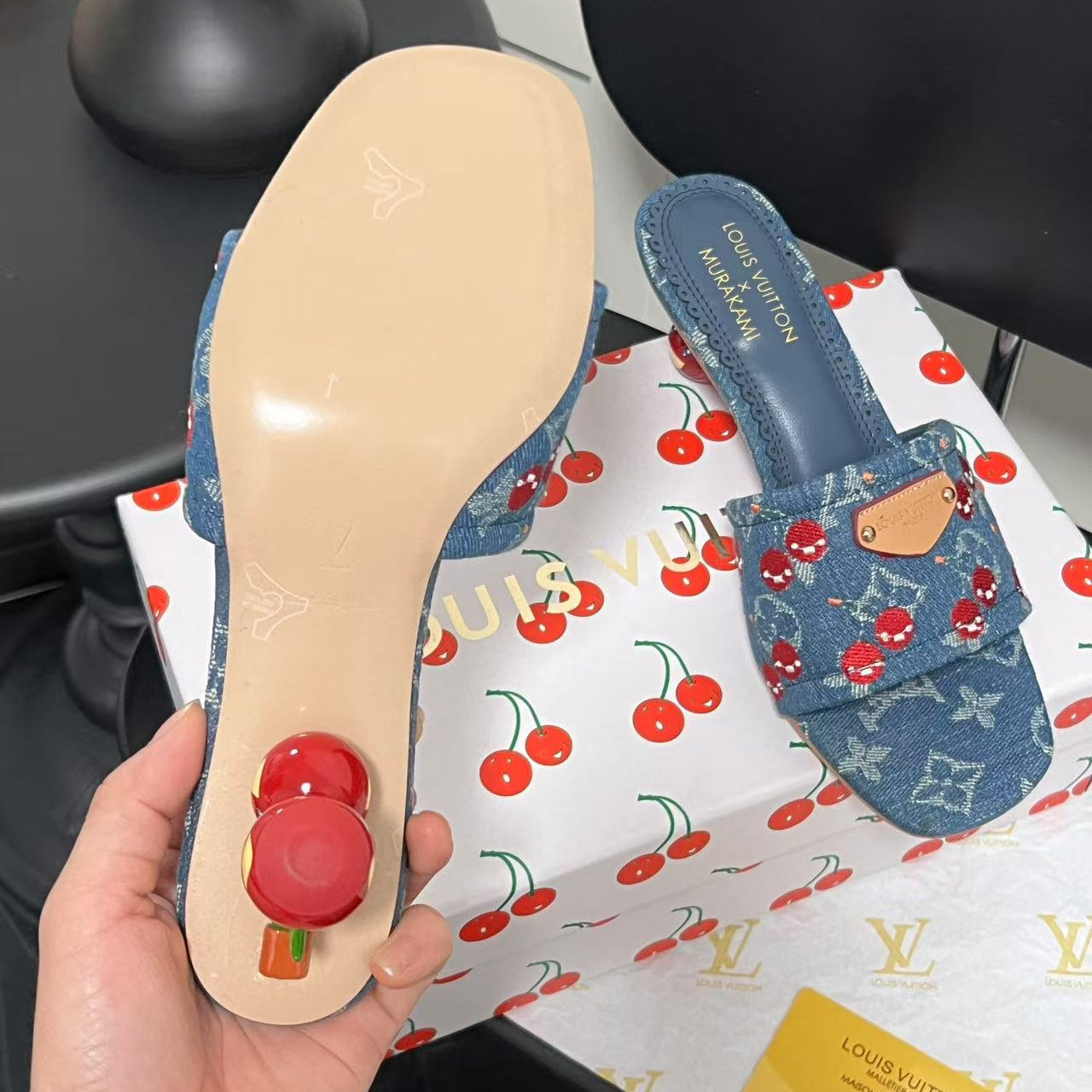 Playful Denim Cherry Heel Sandals