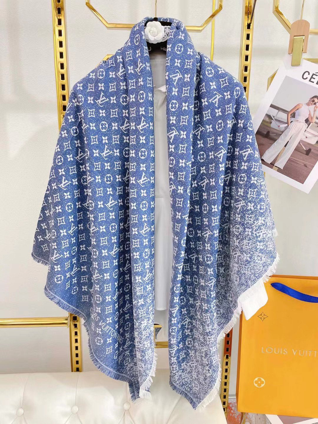 Gradient printed silk cotton and wool blend scarf