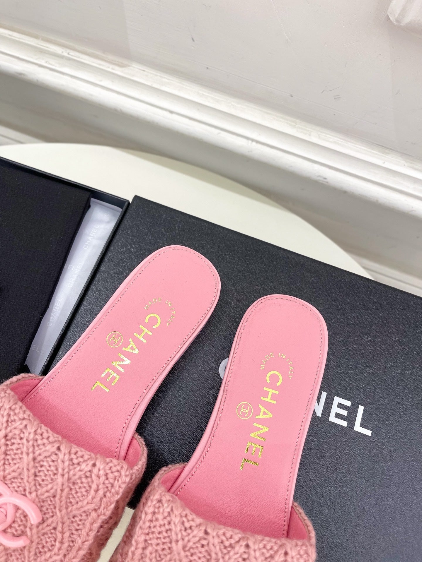 Wool knit covered leather slippers