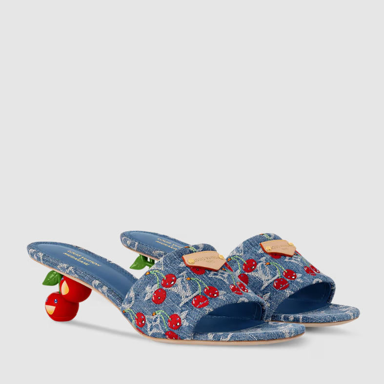 Playful Denim Cherry Heel Sandals