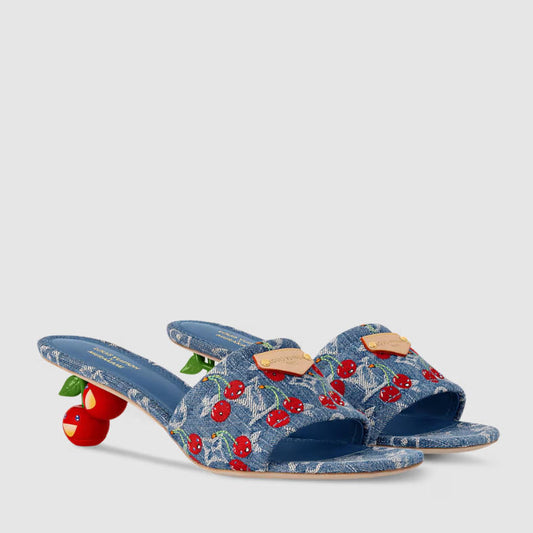 Playful Denim Cherry Heel Sandals