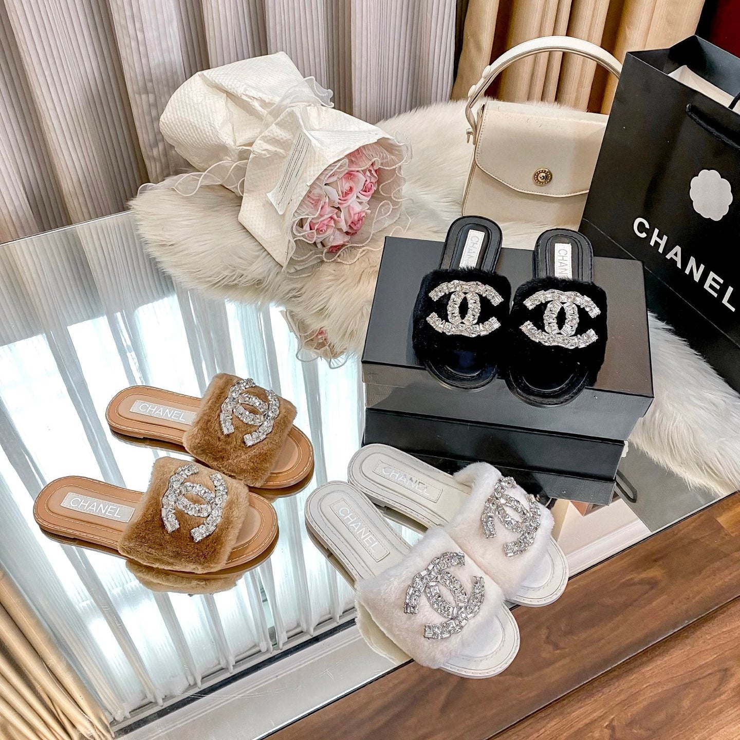 Rhinestone wool slippers