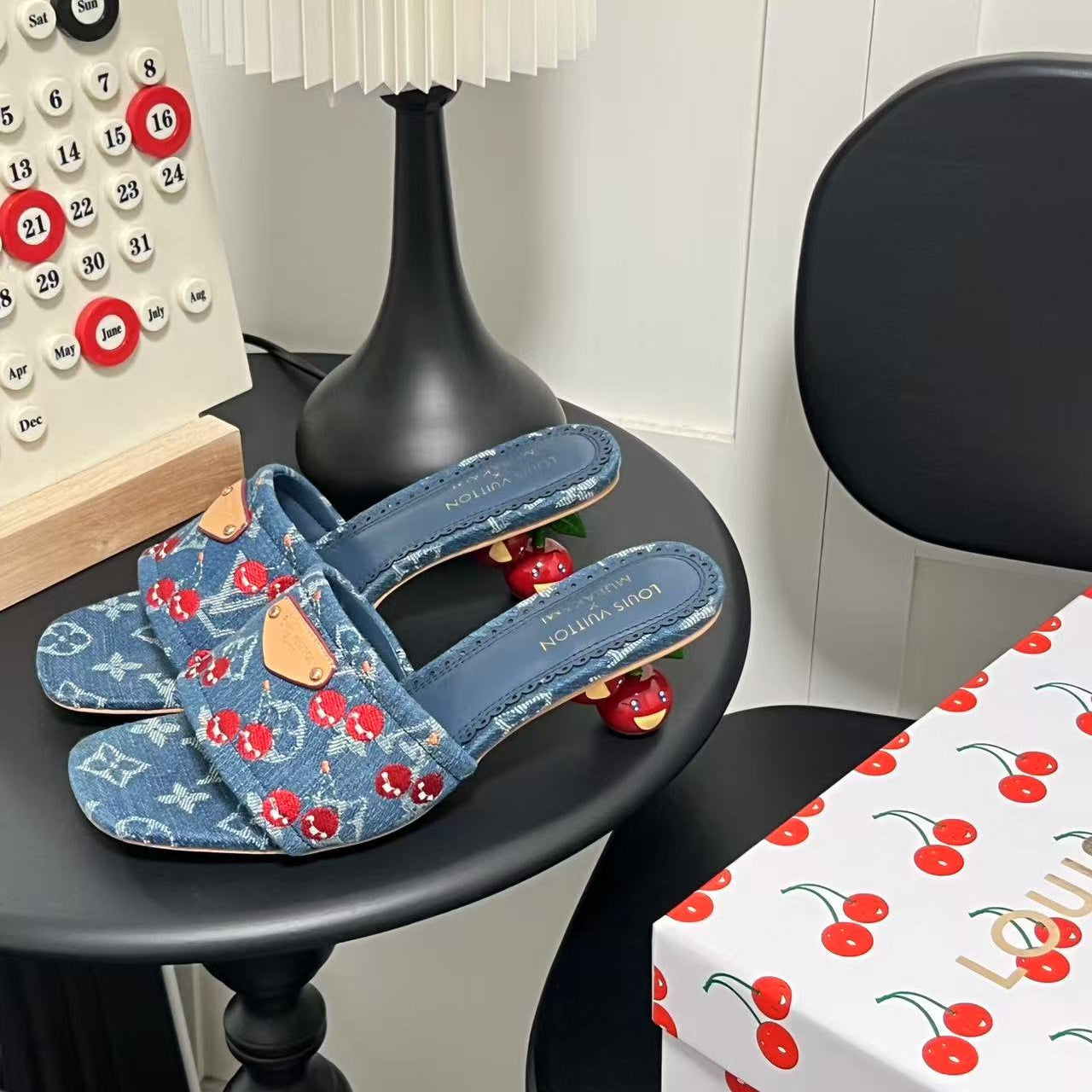 Playful Denim Cherry Heel Sandals