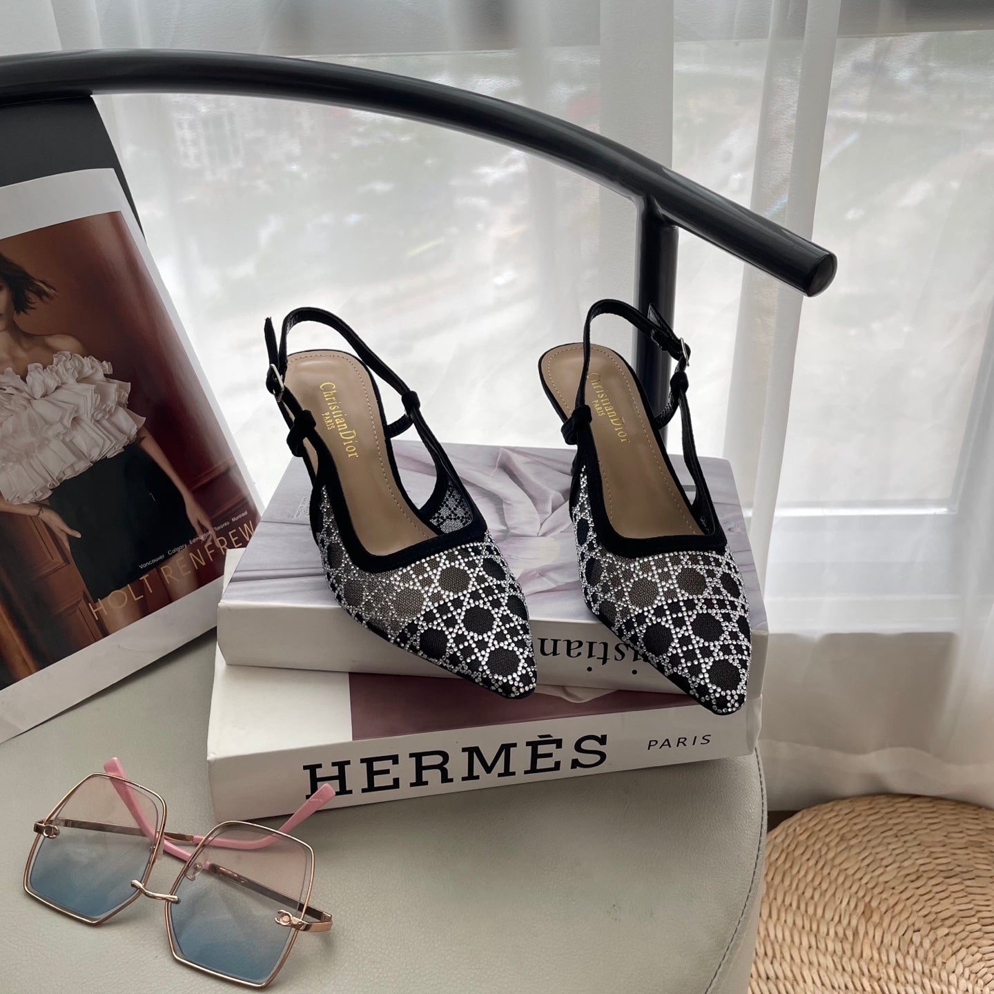 Mesh rhinestone kitten heels