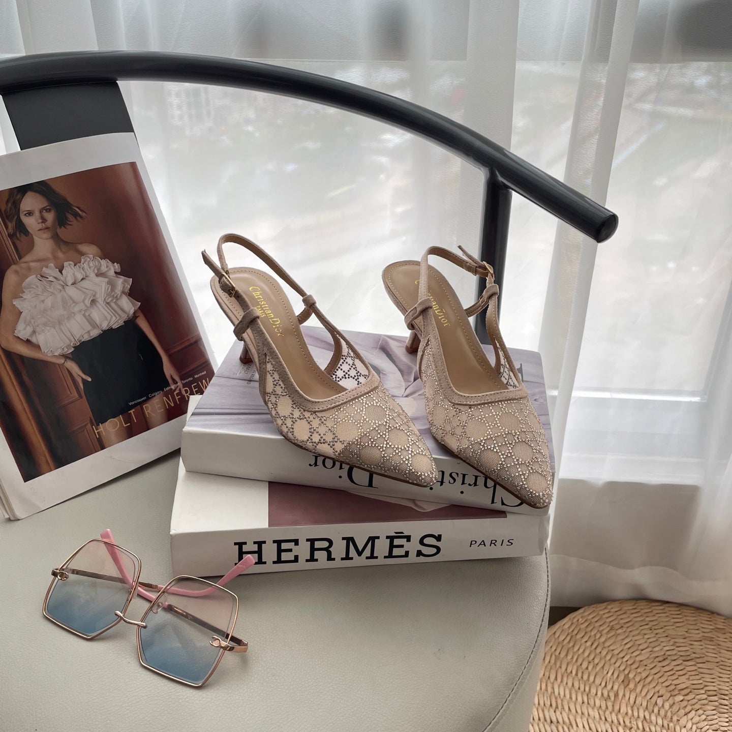 Mesh rhinestone kitten heels