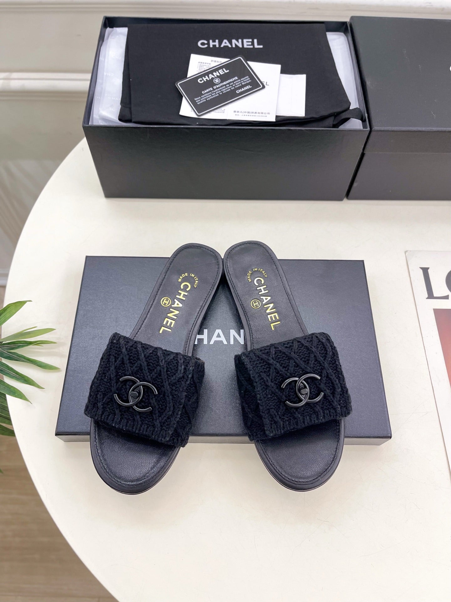 Wool knit covered leather slippers