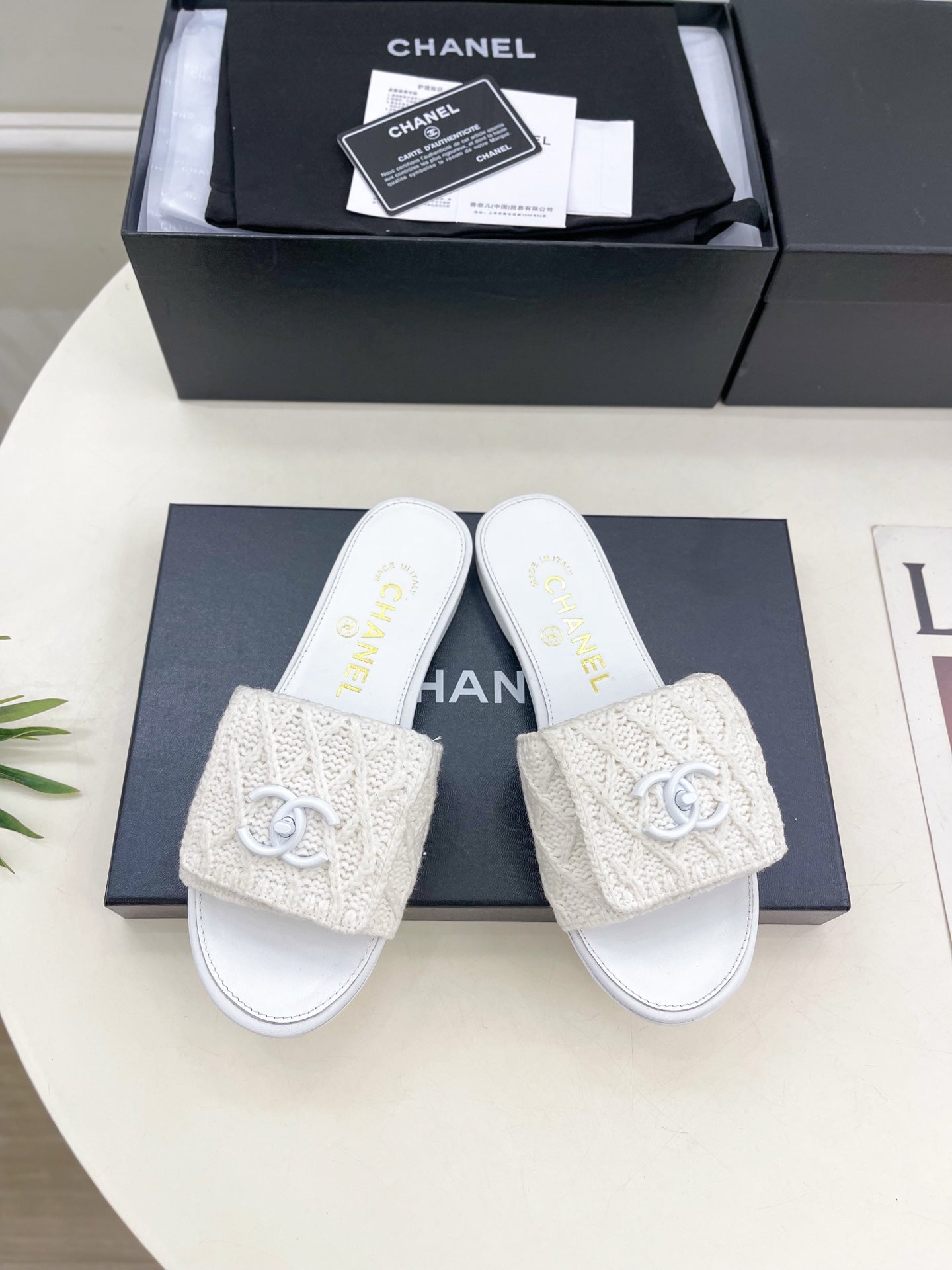 Wool knit covered leather slippers