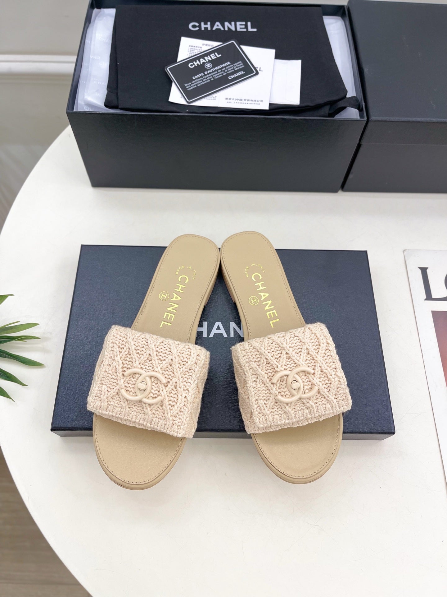 Wool knit covered leather slippers