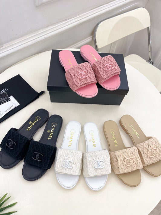 Wool knit covered leather slippers