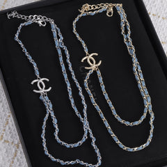 Double-layer Denim blue leather and metal necklace