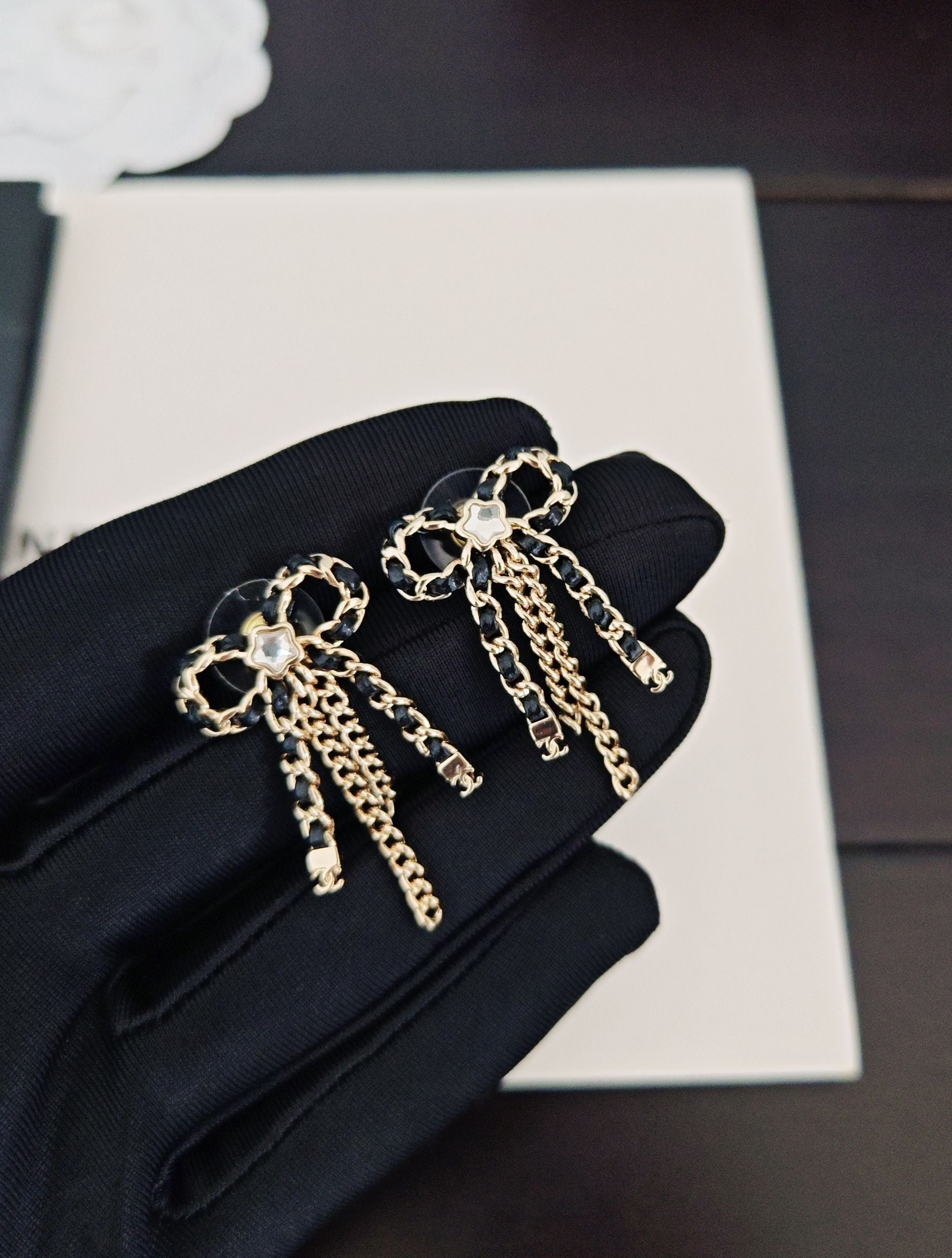 Black Leather Bow Tassel Earrings