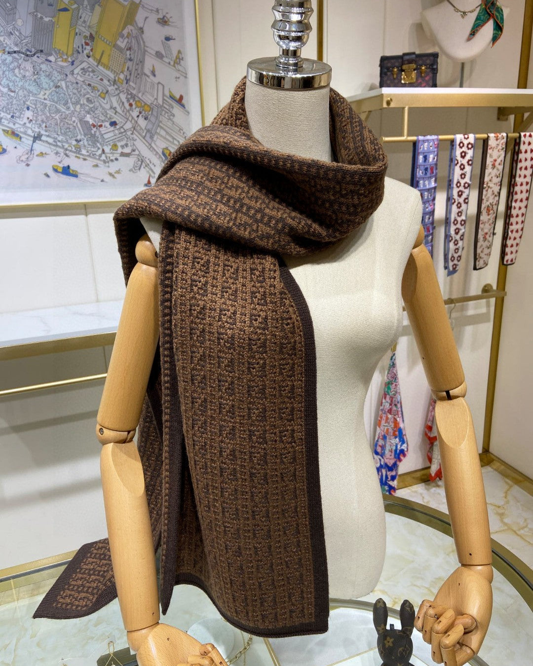 Brown double-sided printed cashmere scarf