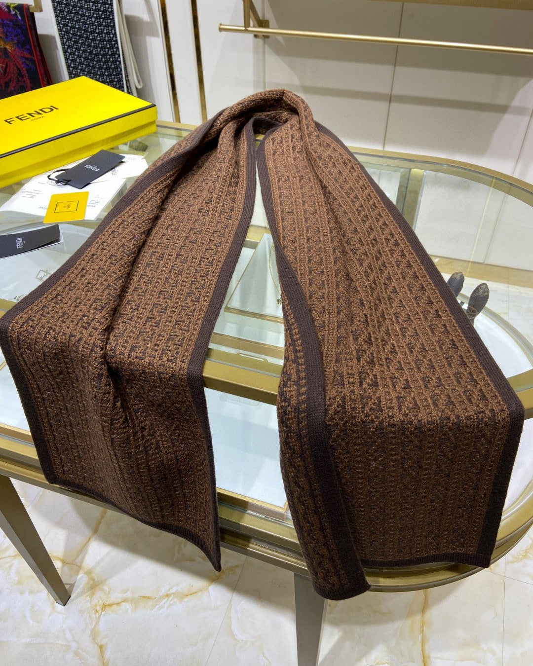 Brown double-sided printed cashmere scarf