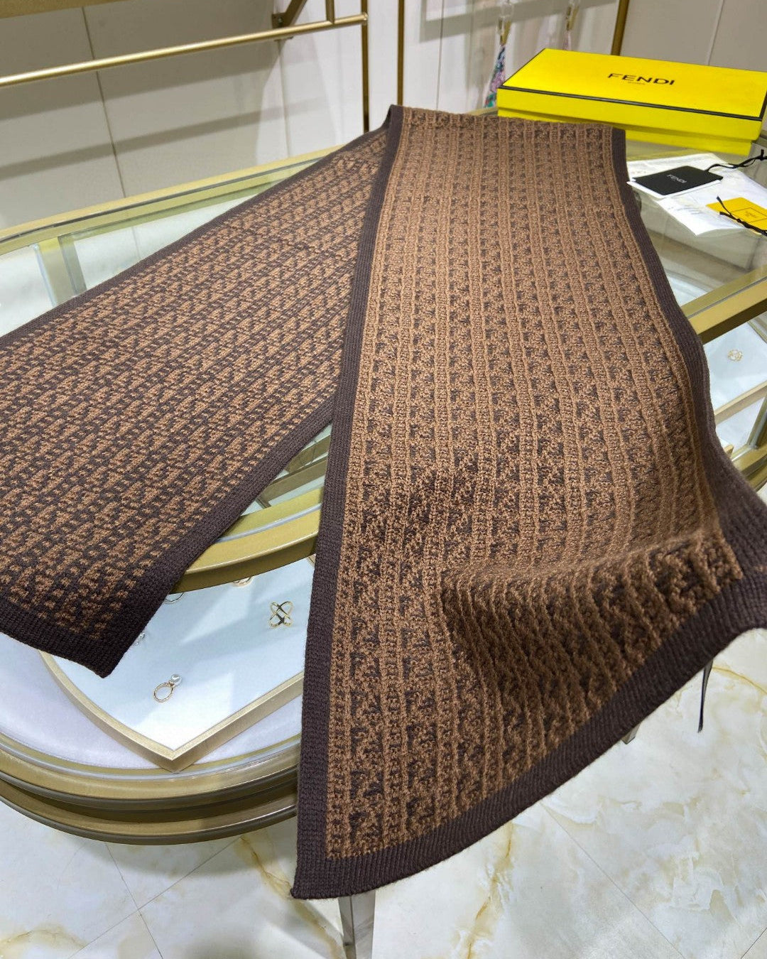Brown double-sided printed cashmere scarf