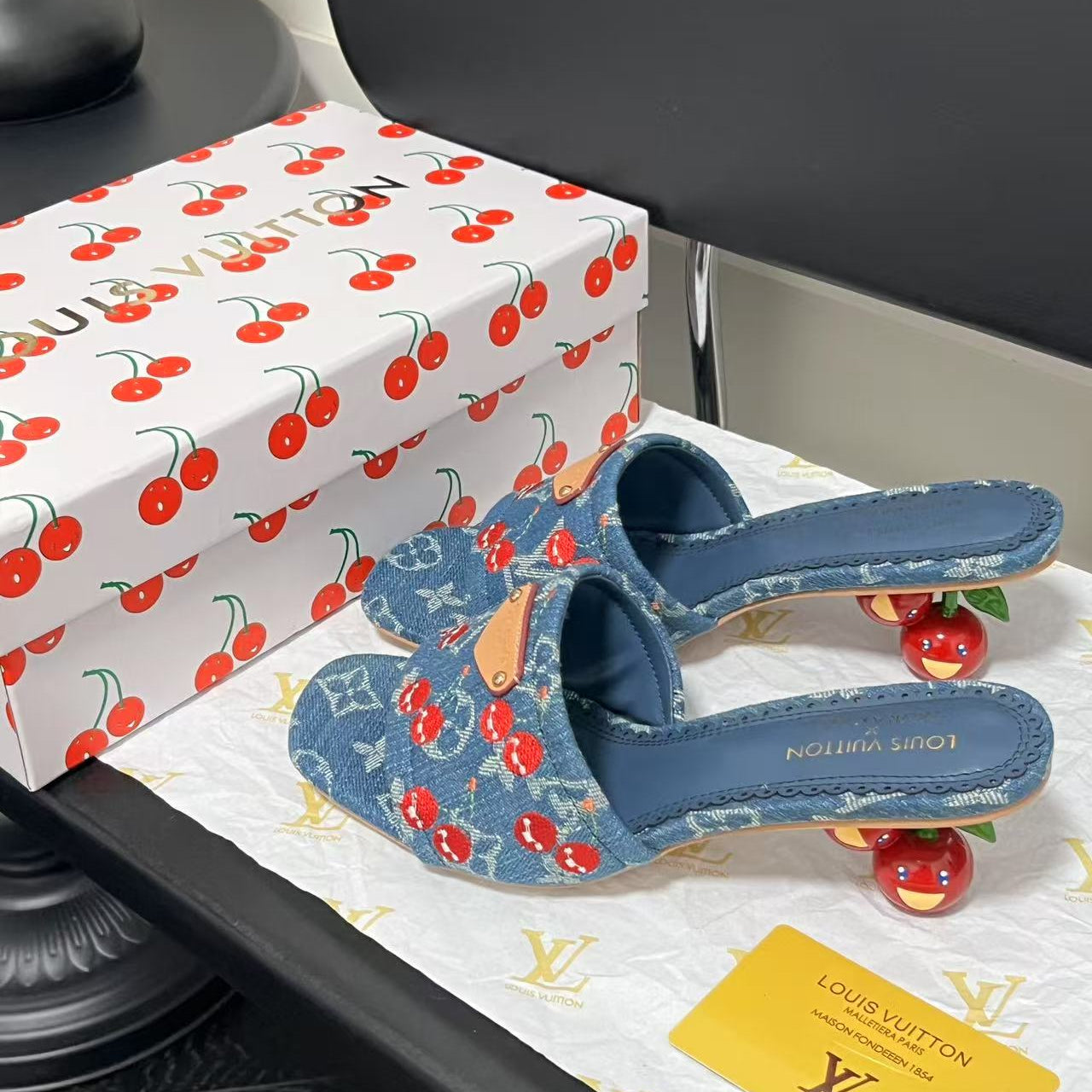 Playful Denim Cherry Heel Sandals