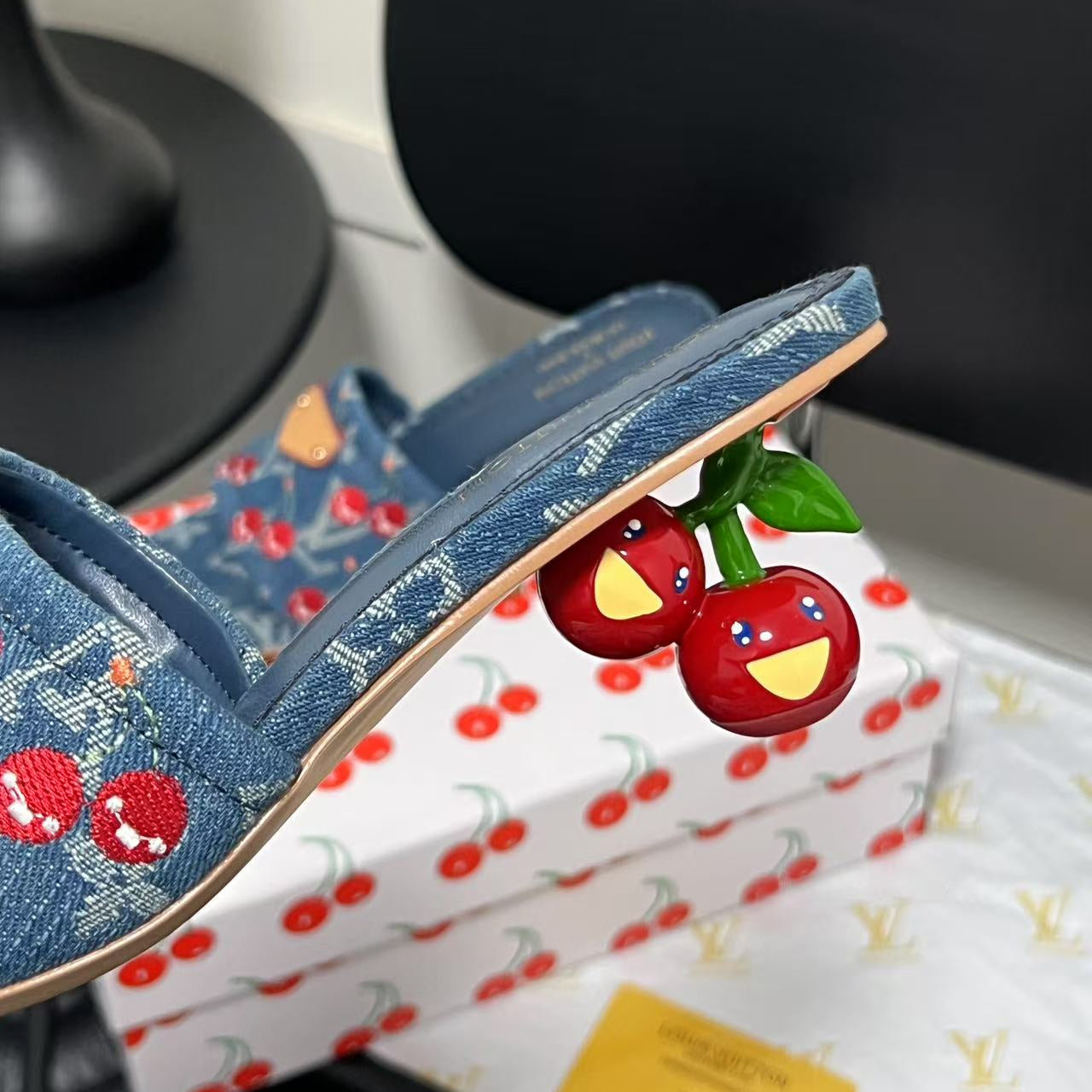 Playful Denim Cherry Heel Sandals