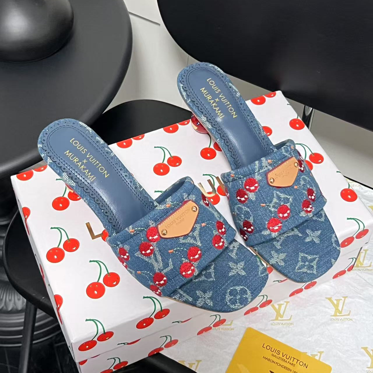 Playful Denim Cherry Heel Sandals