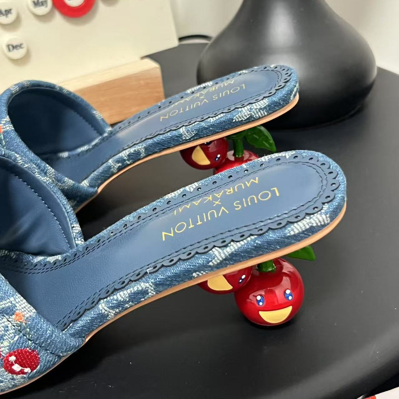Playful Denim Cherry Heel Sandals