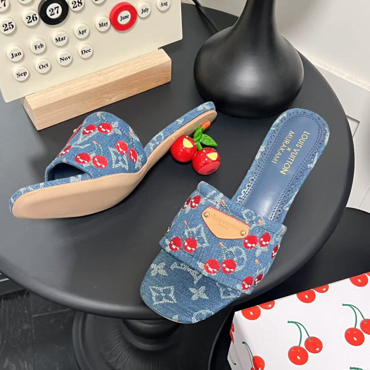 Playful Denim Cherry Heel Sandals