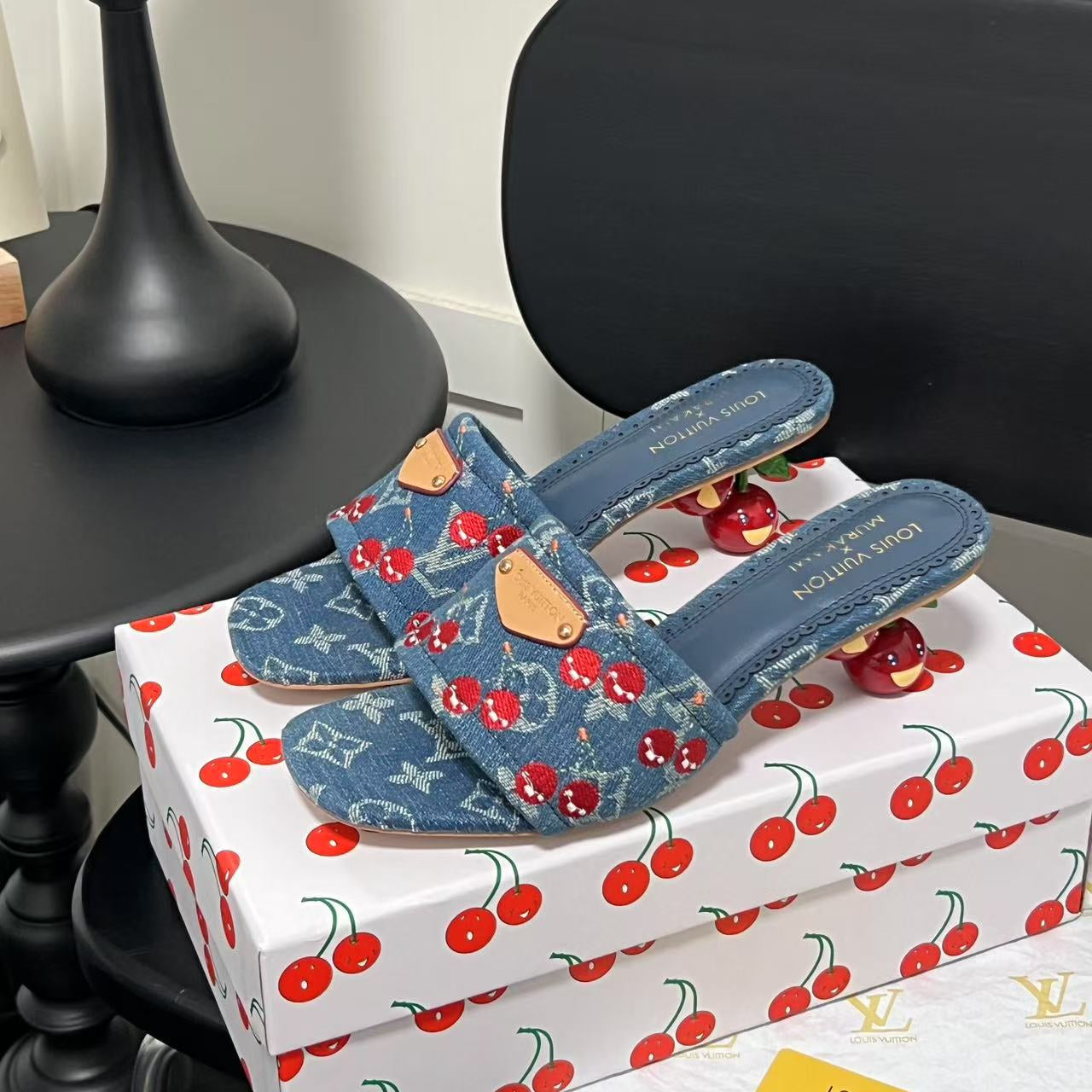 Playful Denim Cherry Heel Sandals