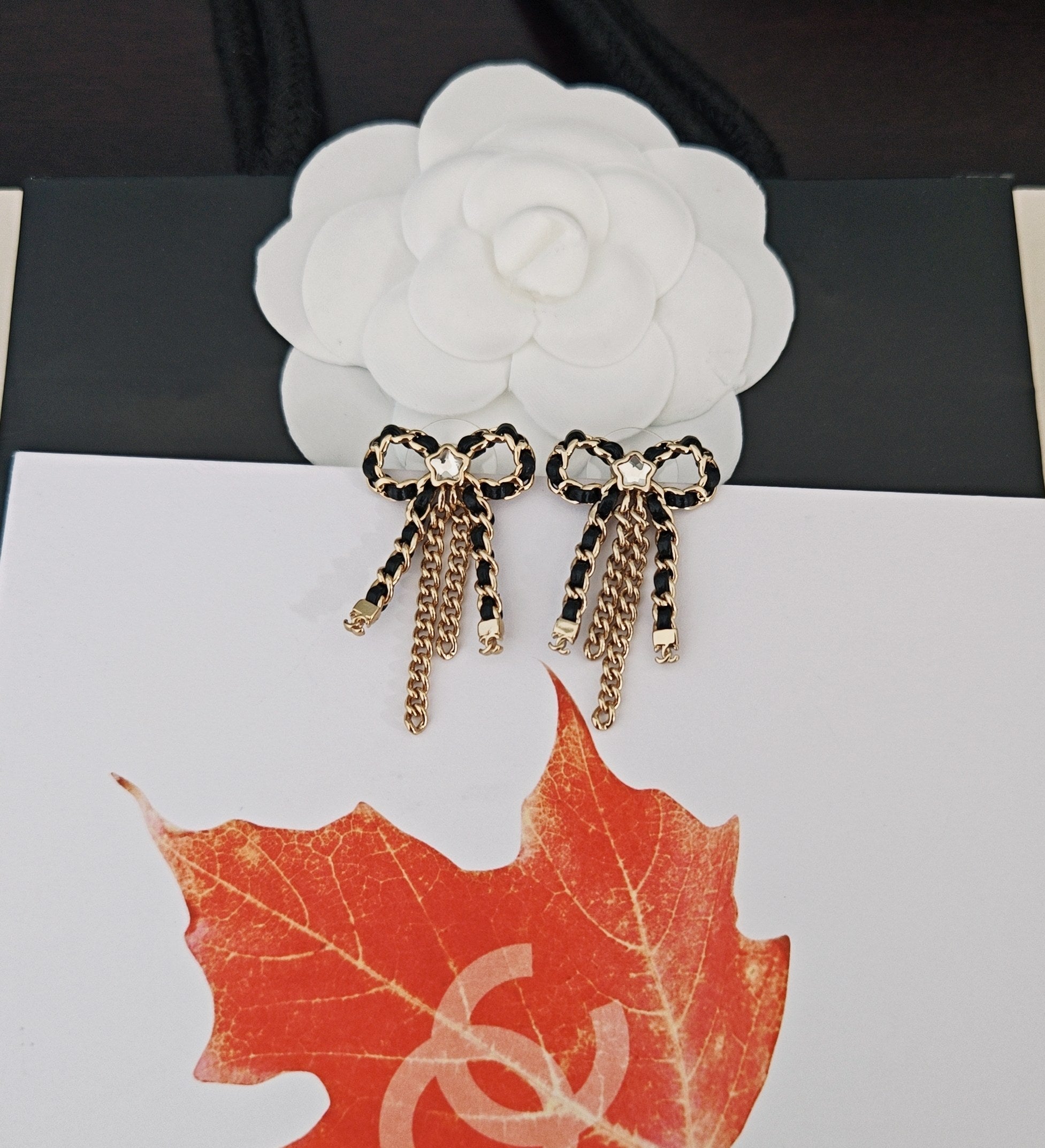 Black Leather Bow Tassel Earrings