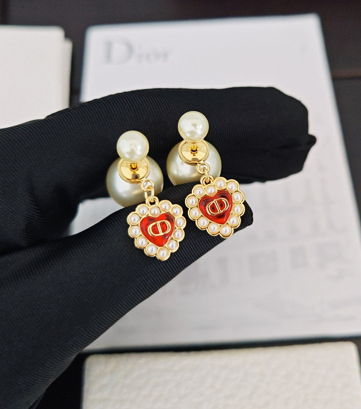 Pearl Red Heart Earrings