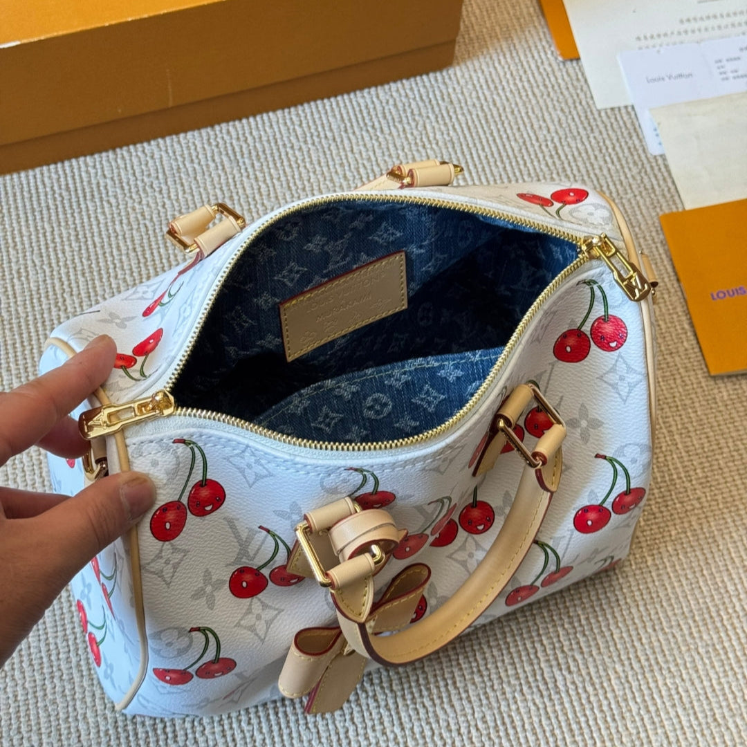 Cherry print white pillow bag