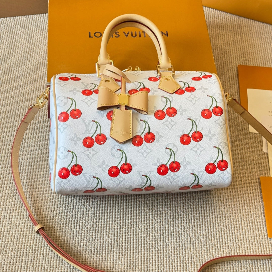 Cherry print white pillow bag