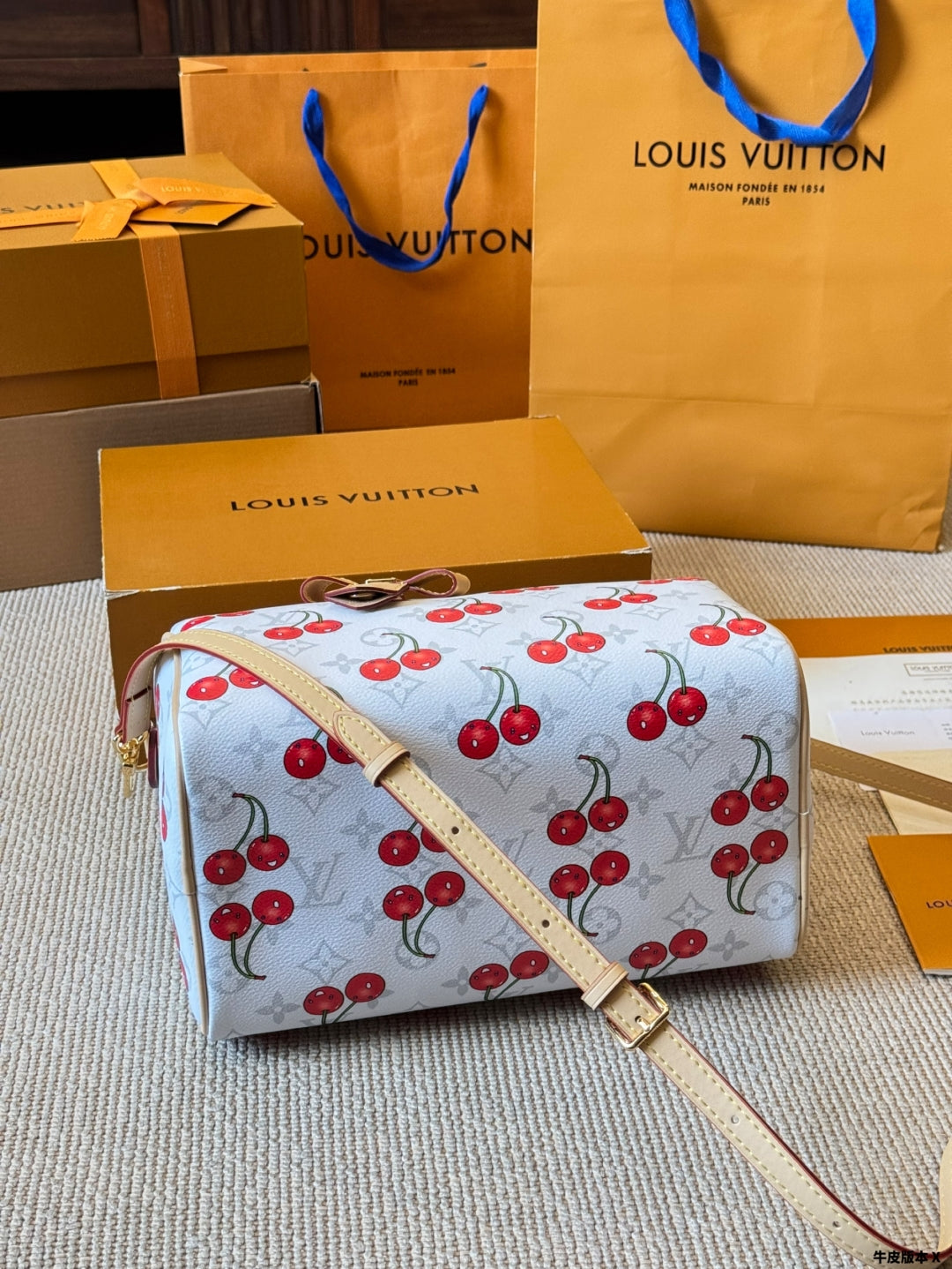 Cherry print white pillow bag