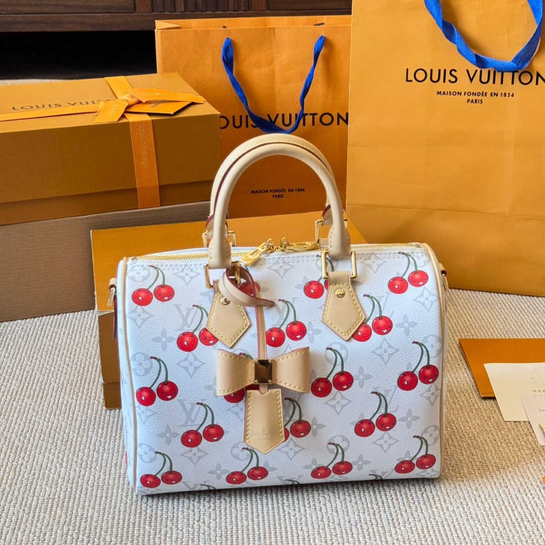 Cherry print white pillow bag