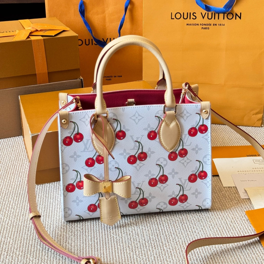 Cherry print white tote bag