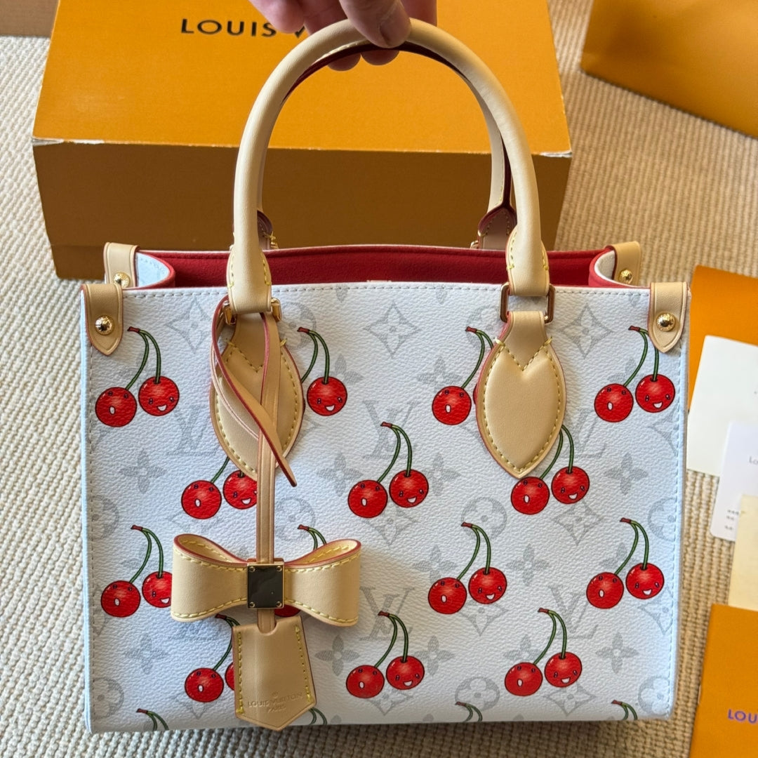 Cherry print white tote bag