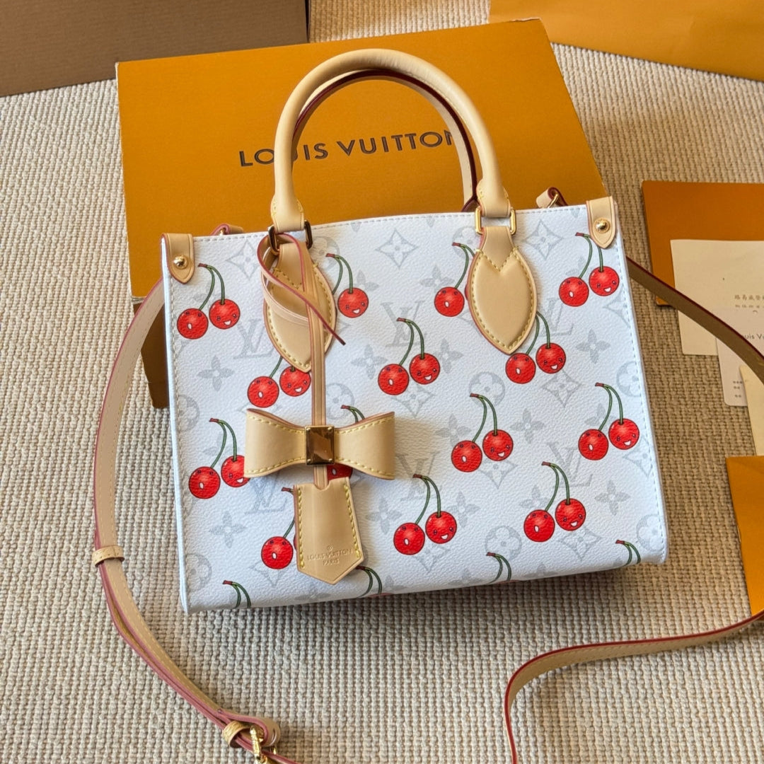 Cherry print white tote bag