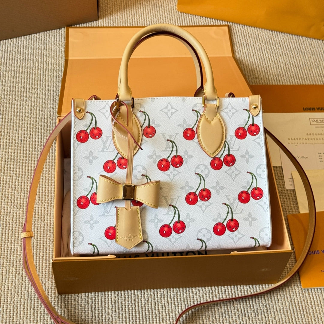 Cherry print white tote bag
