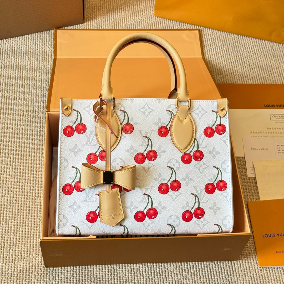 Cherry print white tote bag