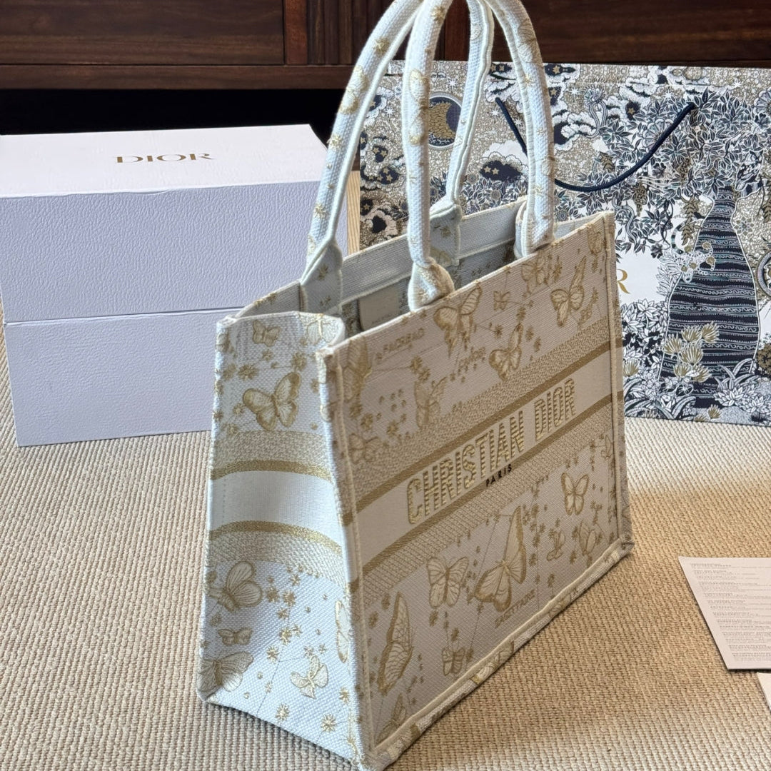 Gold Butterfly Embroidery Medium Book Tote Bag