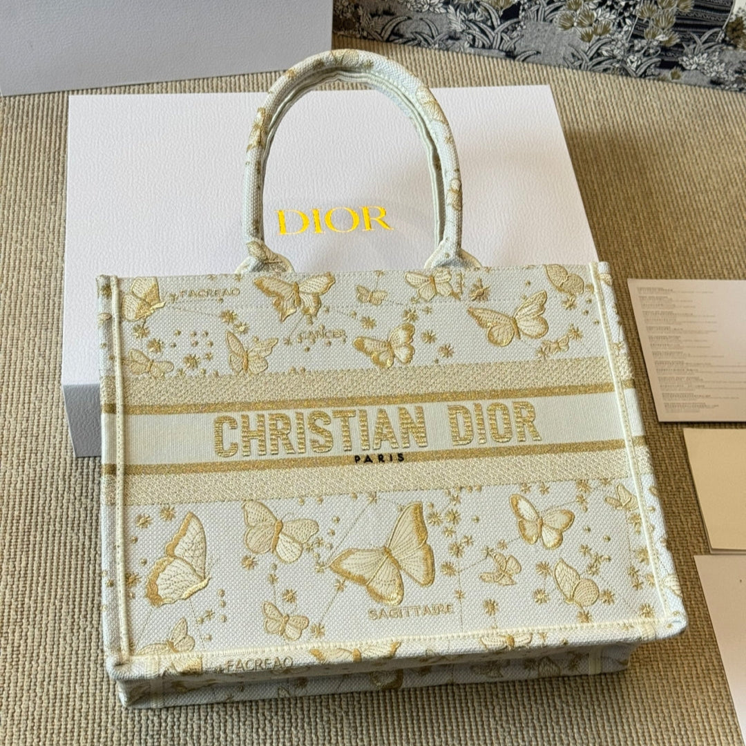 Gold Butterfly Embroidery Medium Book Tote Bag