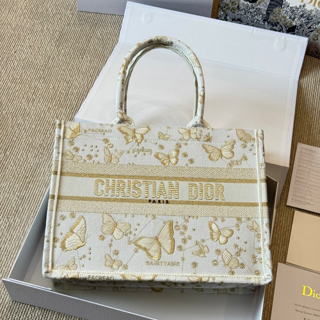 Gold Butterfly Embroidery Medium Book Tote Bag