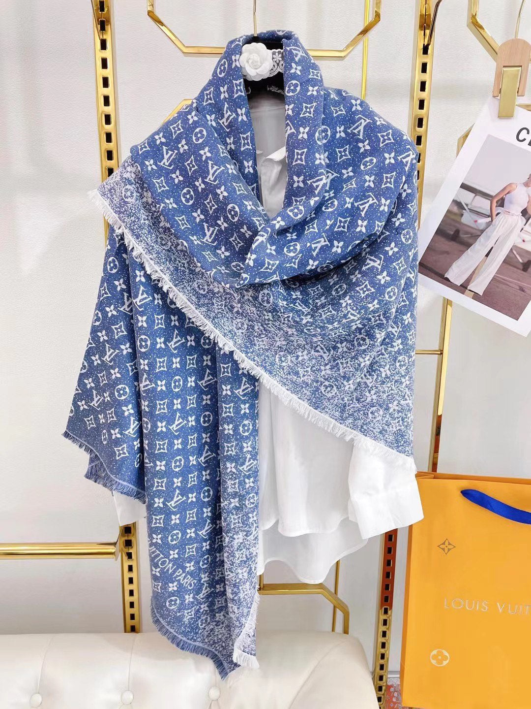 Gradient printed silk cotton and wool blend scarf