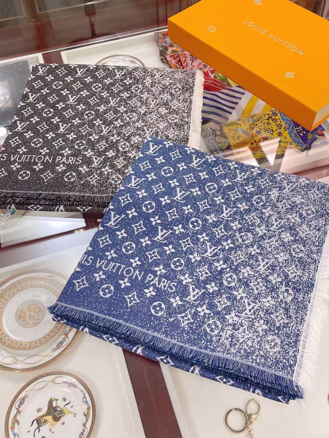 Gradient printed silk cotton and wool blend scarf