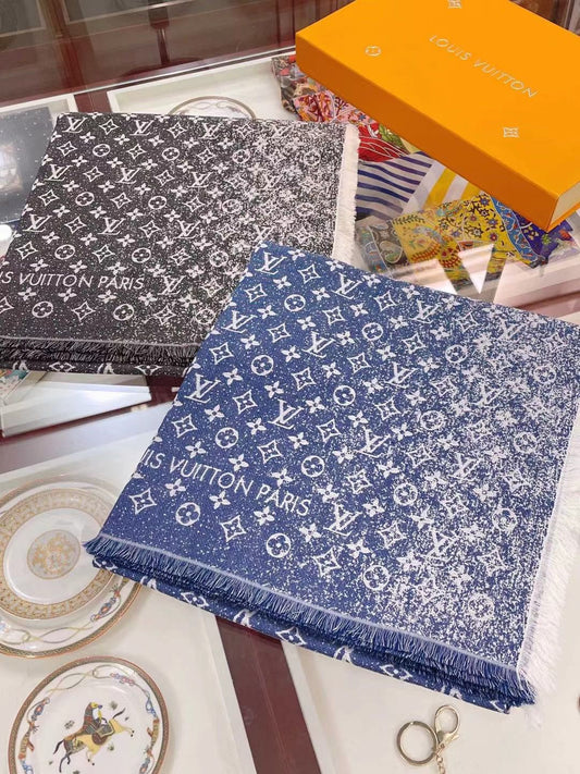 Gradient printed silk cotton and wool blend scarf