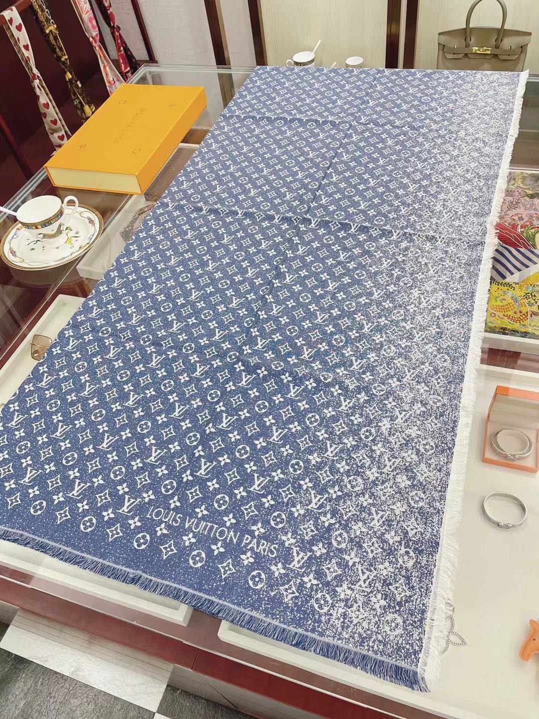 Gradient printed silk cotton and wool blend scarf