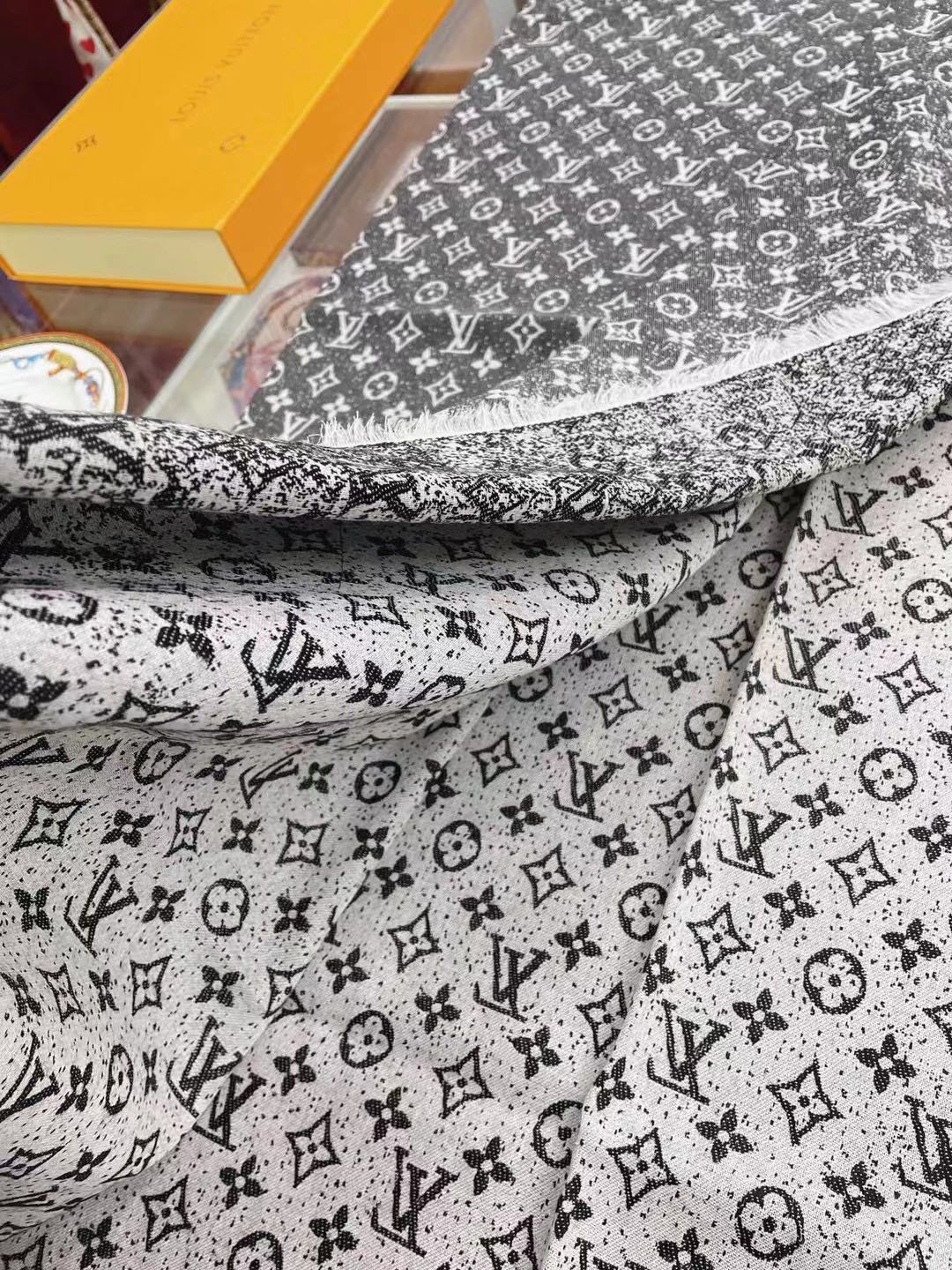 Gradient printed silk cotton and wool blend scarf