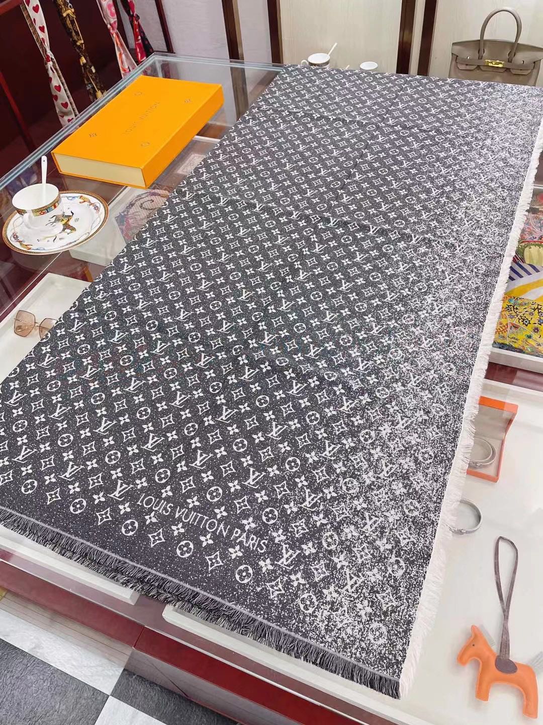 Gradient printed silk cotton and wool blend scarf