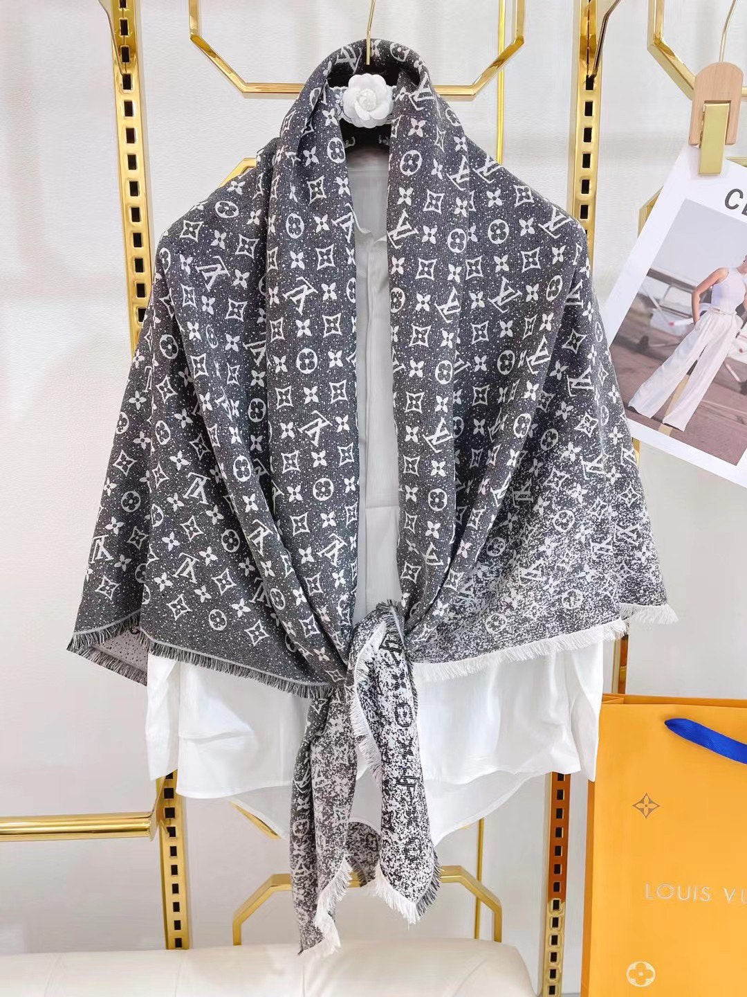 Gradient printed silk cotton and wool blend scarf