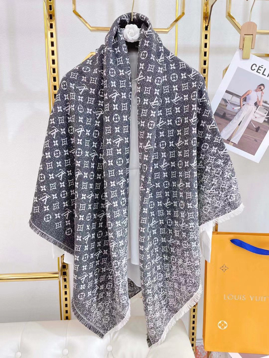 Gradient printed silk cotton and wool blend scarf