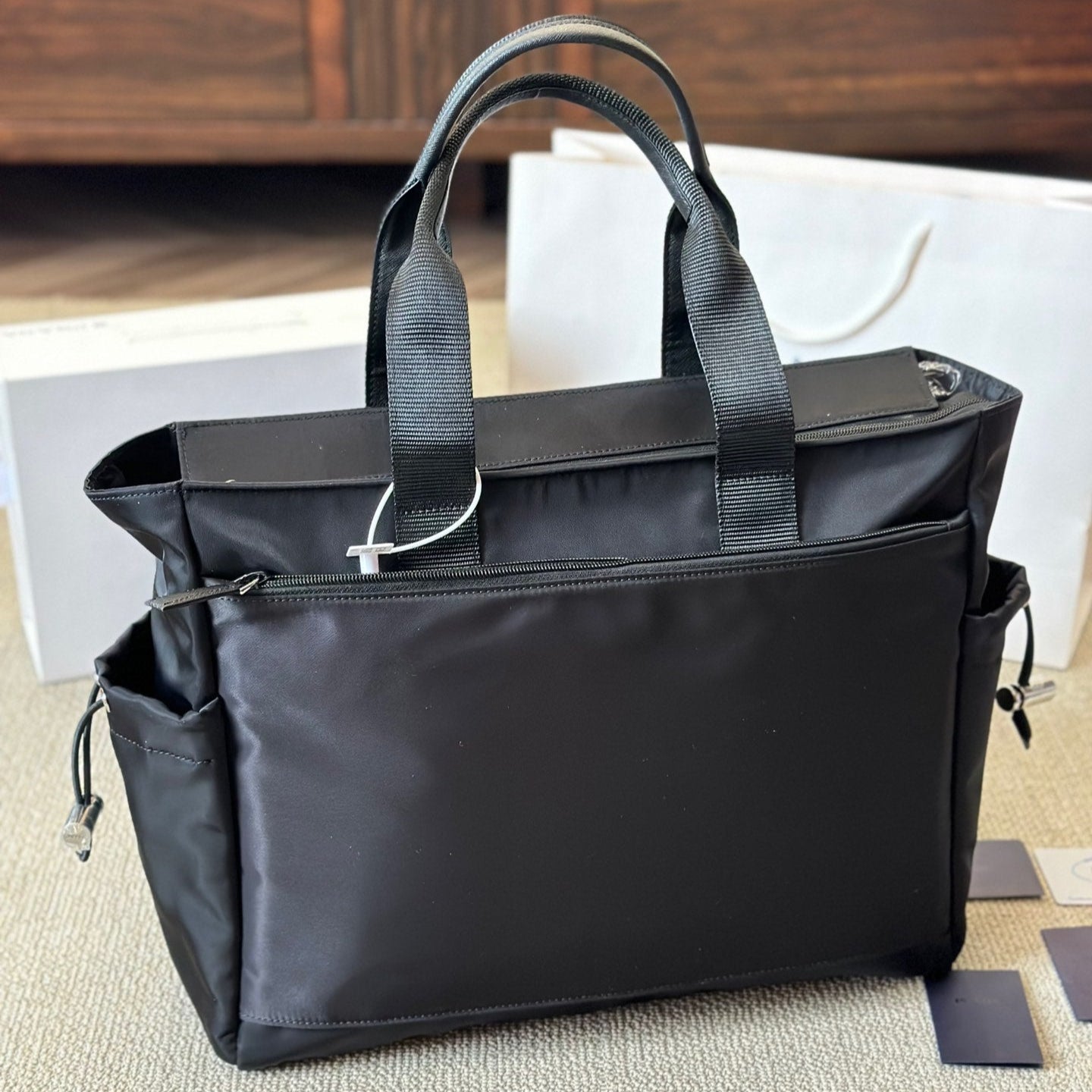 Black nylon large tote bag