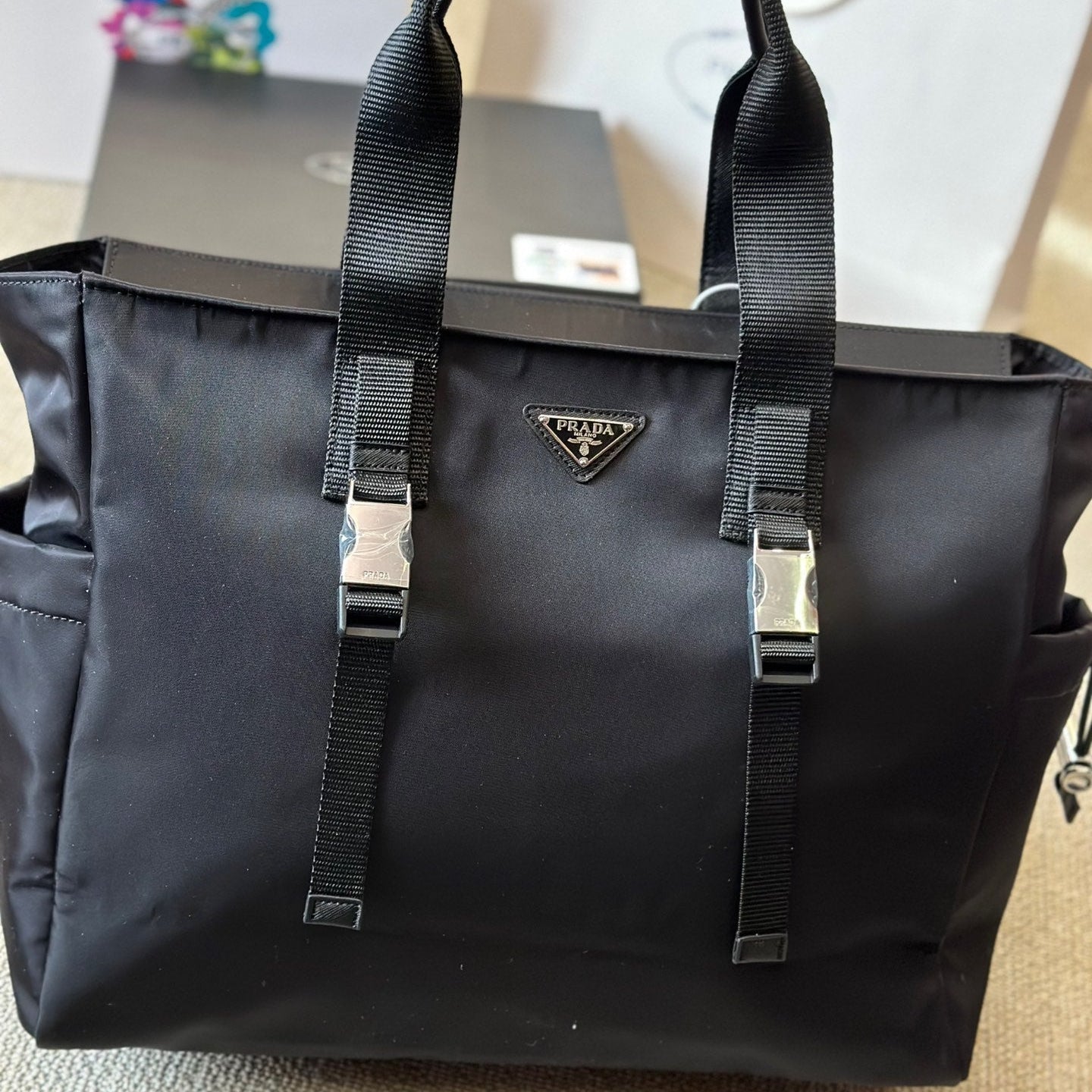 Black nylon large tote bag