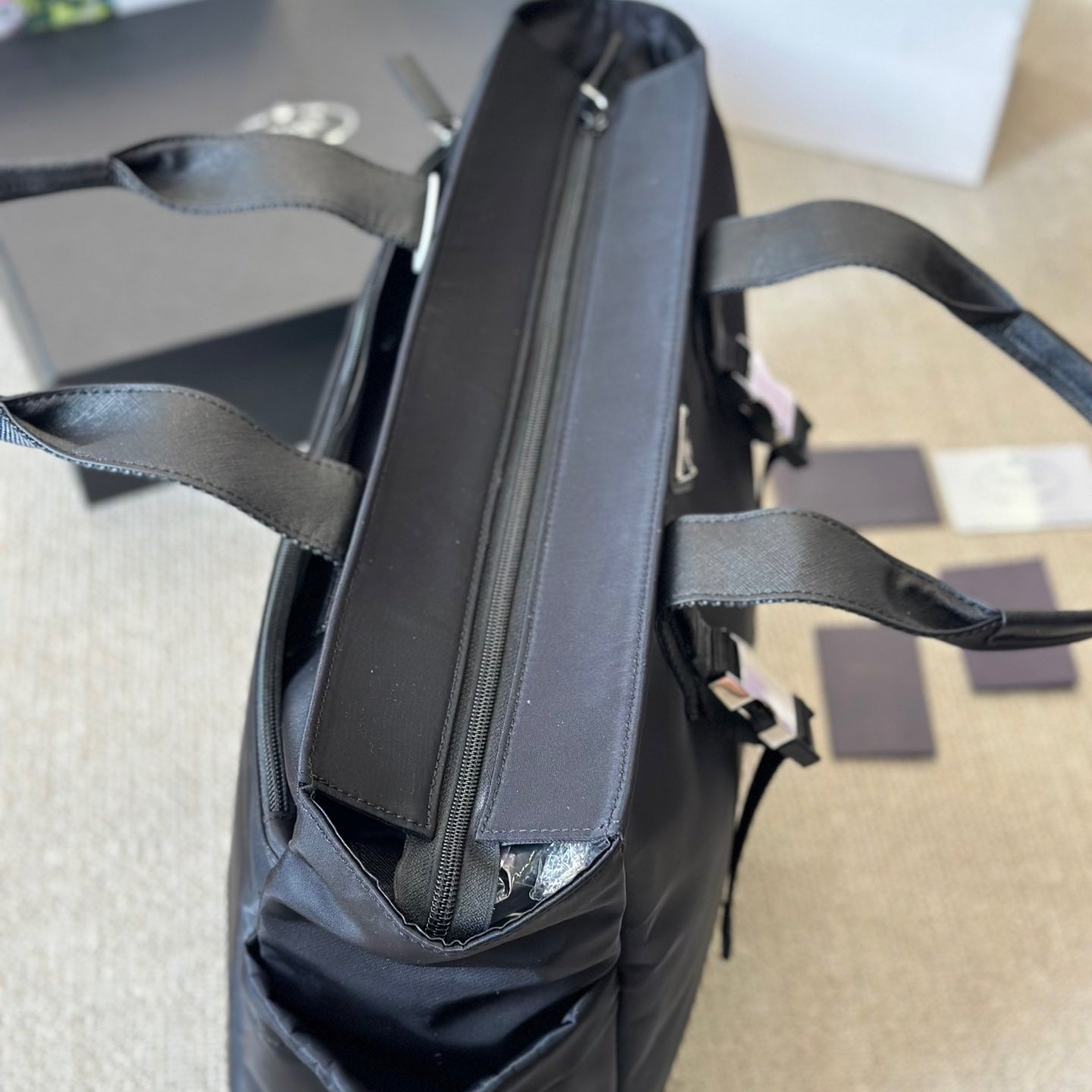 Black nylon large tote bag