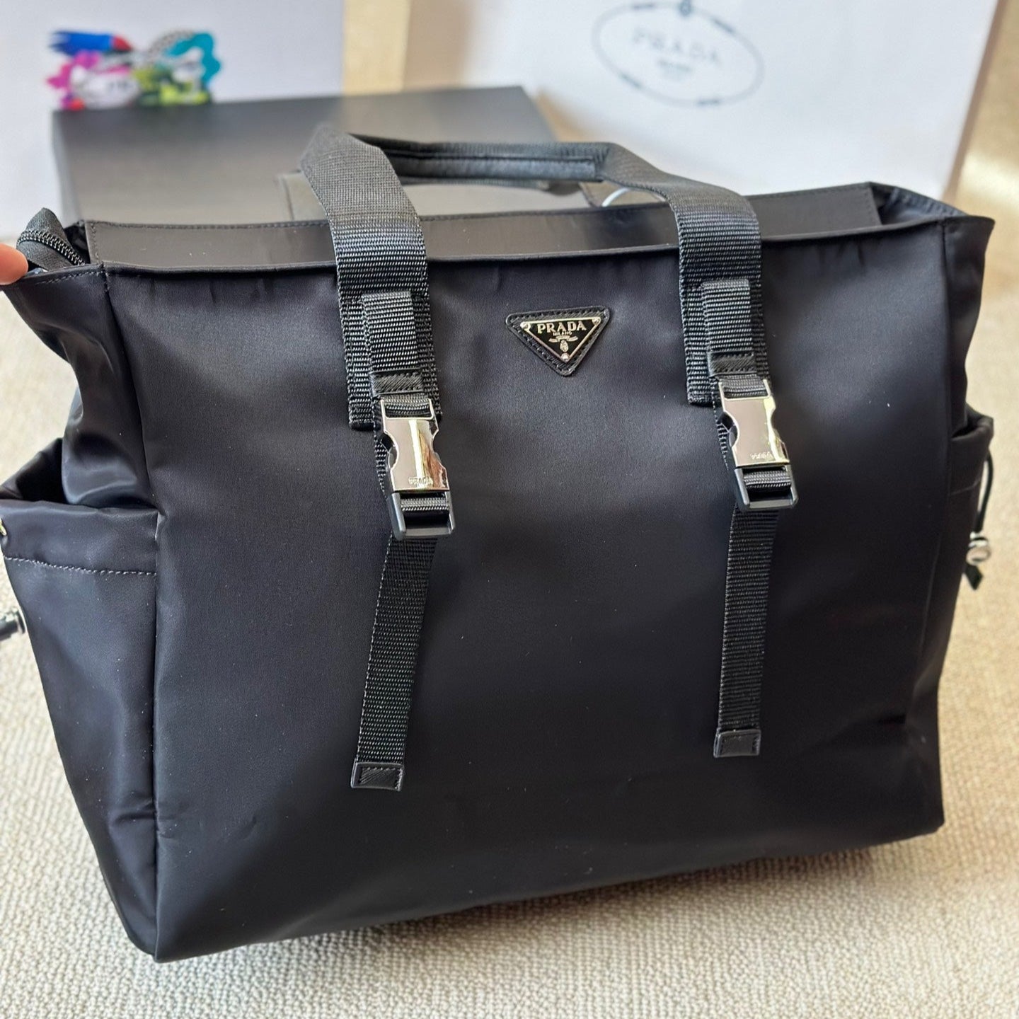 Black nylon large tote bag